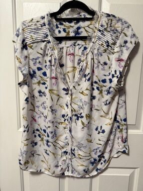 Daniel Rainn White Floral Cap-Sleeve Blouse with Blue & Olive Accents